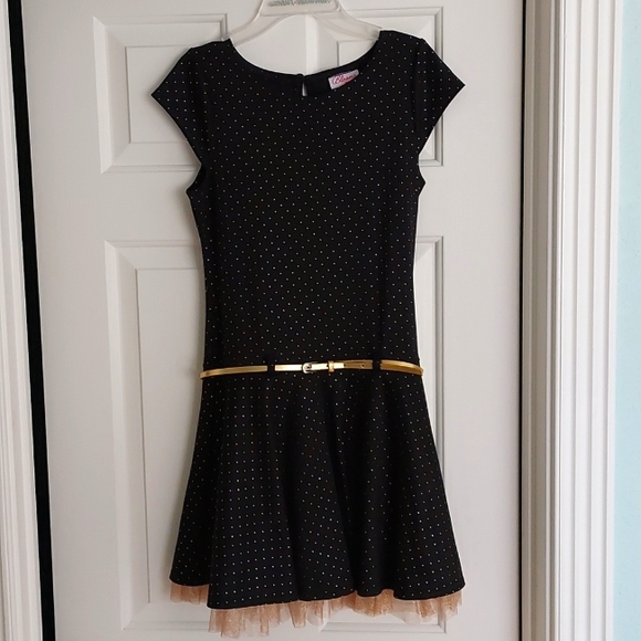 Girls black drop waist dress with gold polka dots - Picture 1 of 5